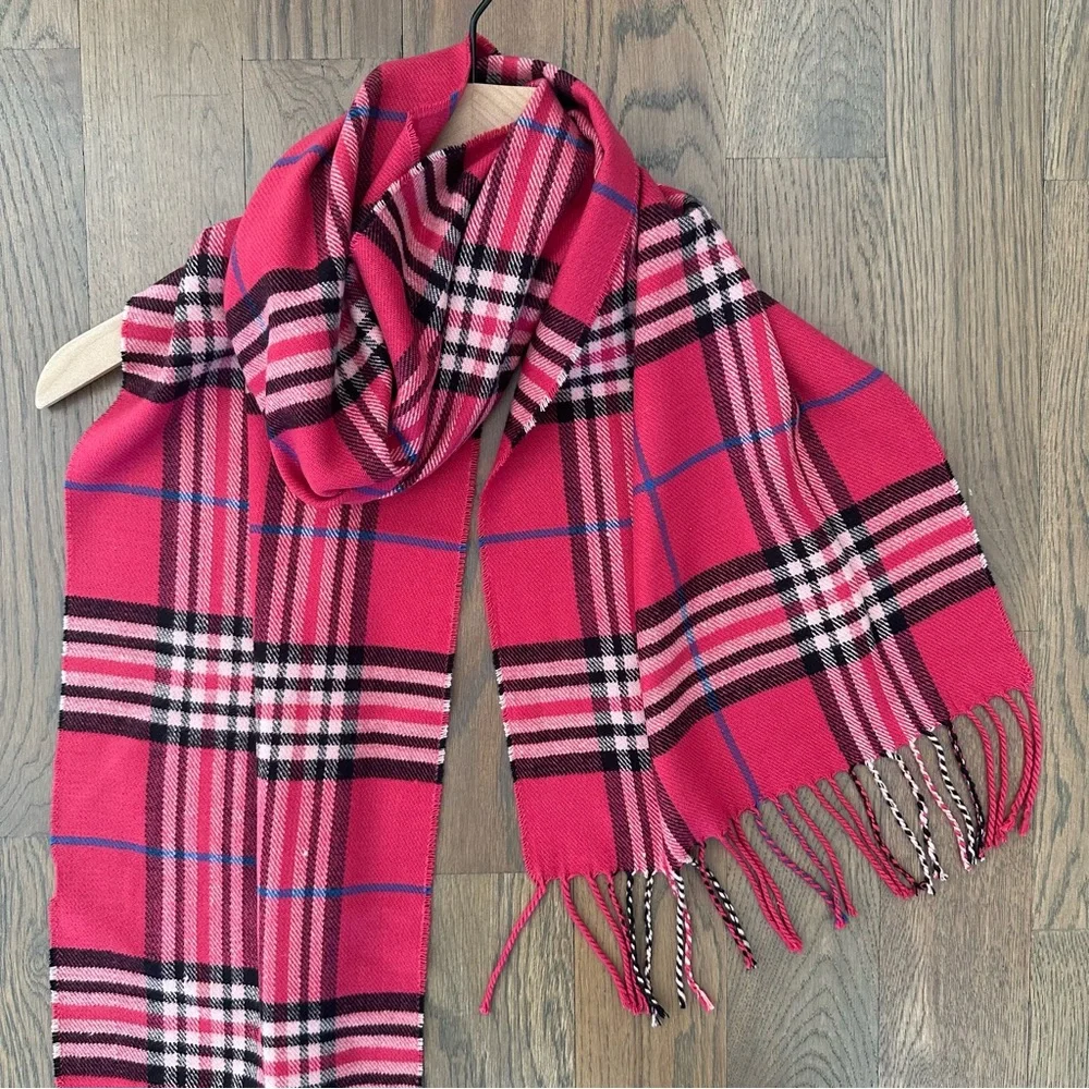 Anthro Vintage Plaid 100% Cashmere Oblong Scarf in Pink Multicolor 72